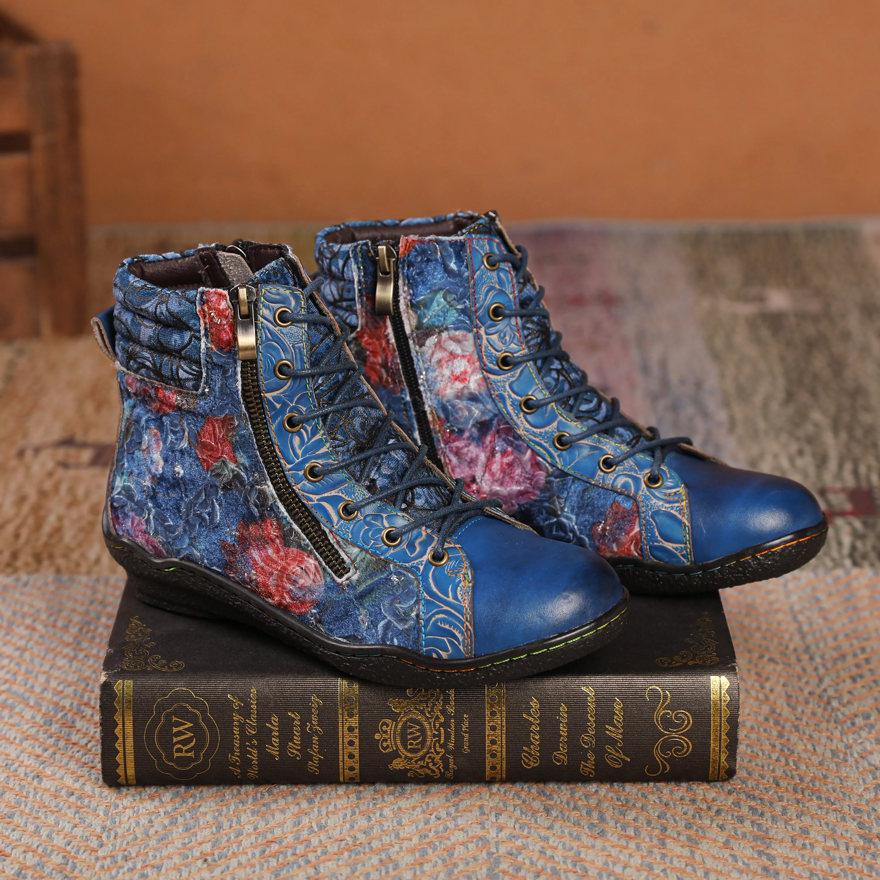 CrazycatZ Womens  Boots Sport Leather Western Boots Colorful Leather Boots Blue Floral