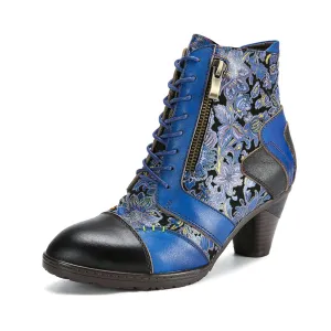 CrazycatZ Womens Leather Ankle Boots Bohemian Block Heel Colorful Floral Leather Boots Lake Blue