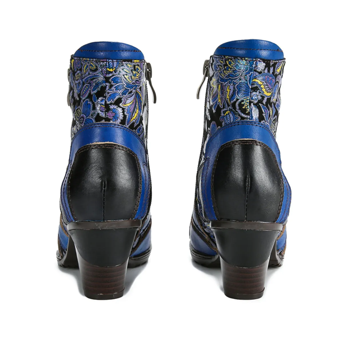 CrazycatZ Womens Leather Ankle Boots Bohemian Block Heel Colorful Floral Leather Boots Lake Blue