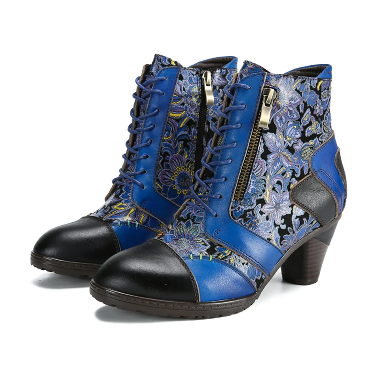 CrazycatZ Womens Leather Ankle Boots Bohemian Block Heel Colorful Floral Leather Boots Lake Blue