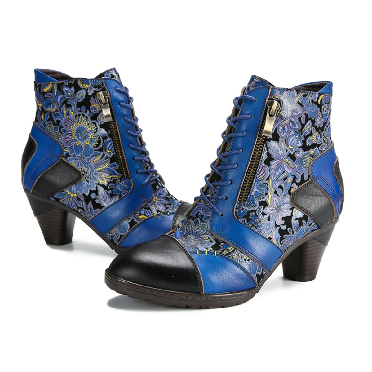 CrazycatZ Womens Leather Ankle Boots Bohemian Block Heel Colorful Floral Leather Boots Lake Blue