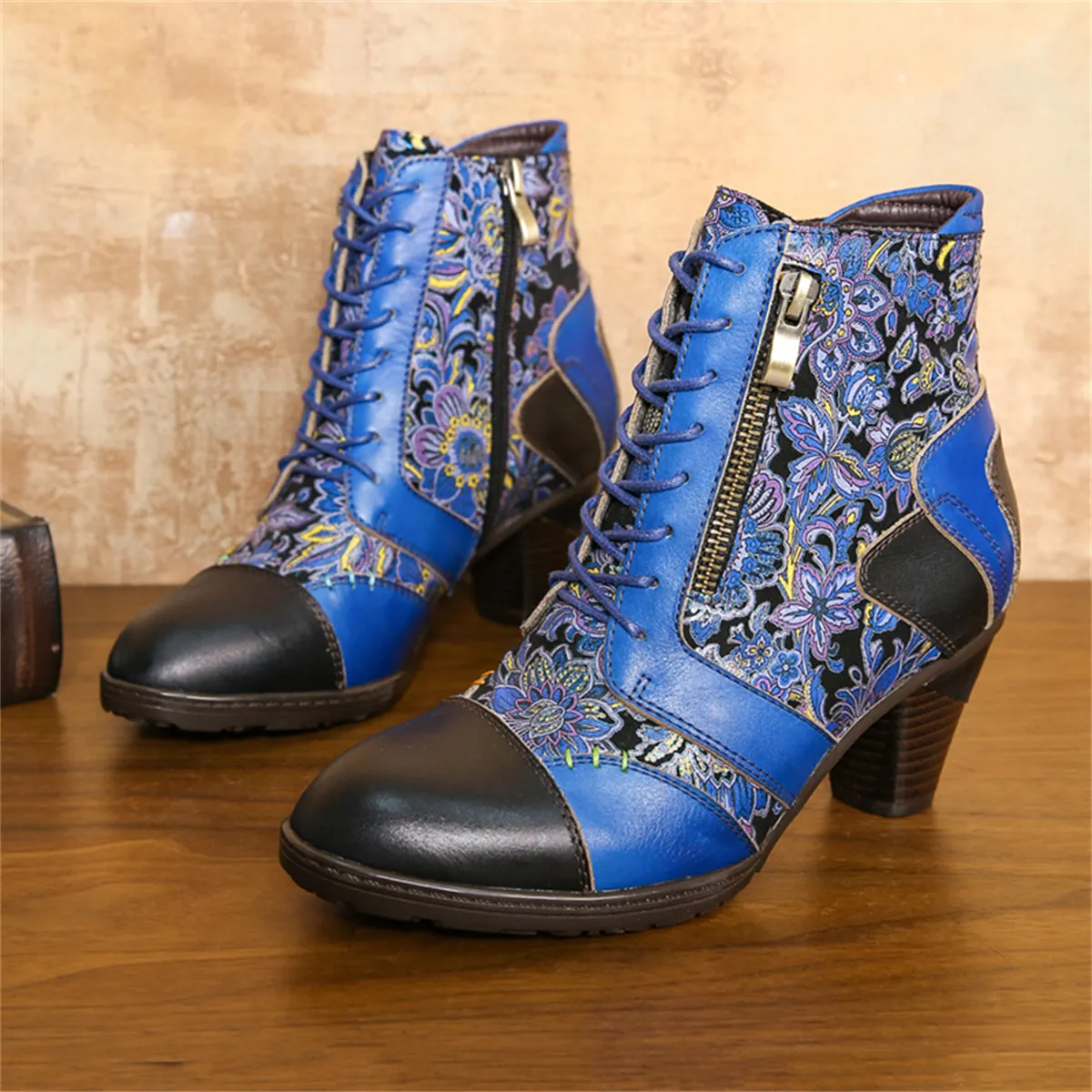 CrazycatZ Womens Leather Ankle Boots Bohemian Block Heel Colorful Floral Leather Boots Lake Blue