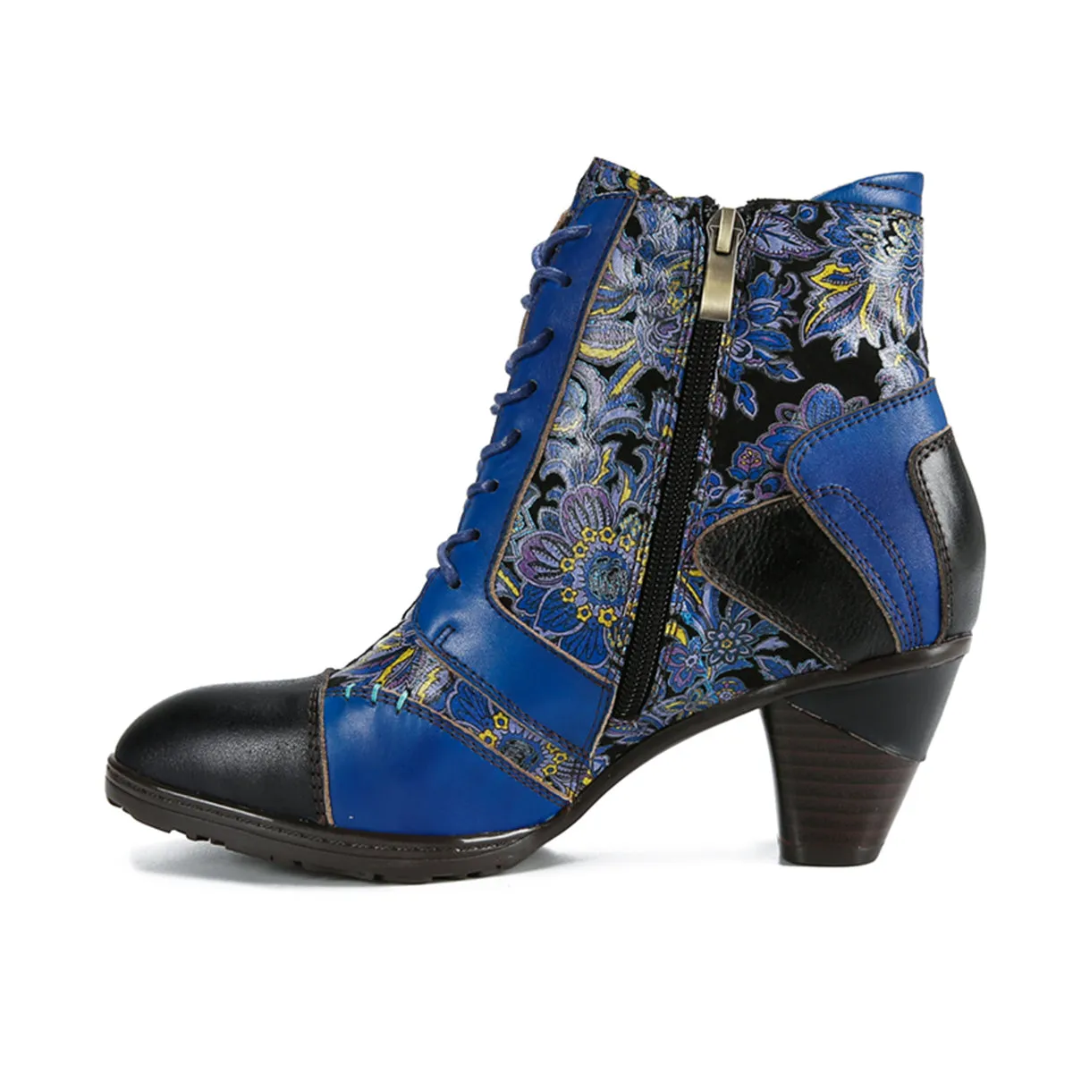 CrazycatZ Womens Leather Ankle Boots Bohemian Block Heel Colorful Floral Leather Boots Lake Blue