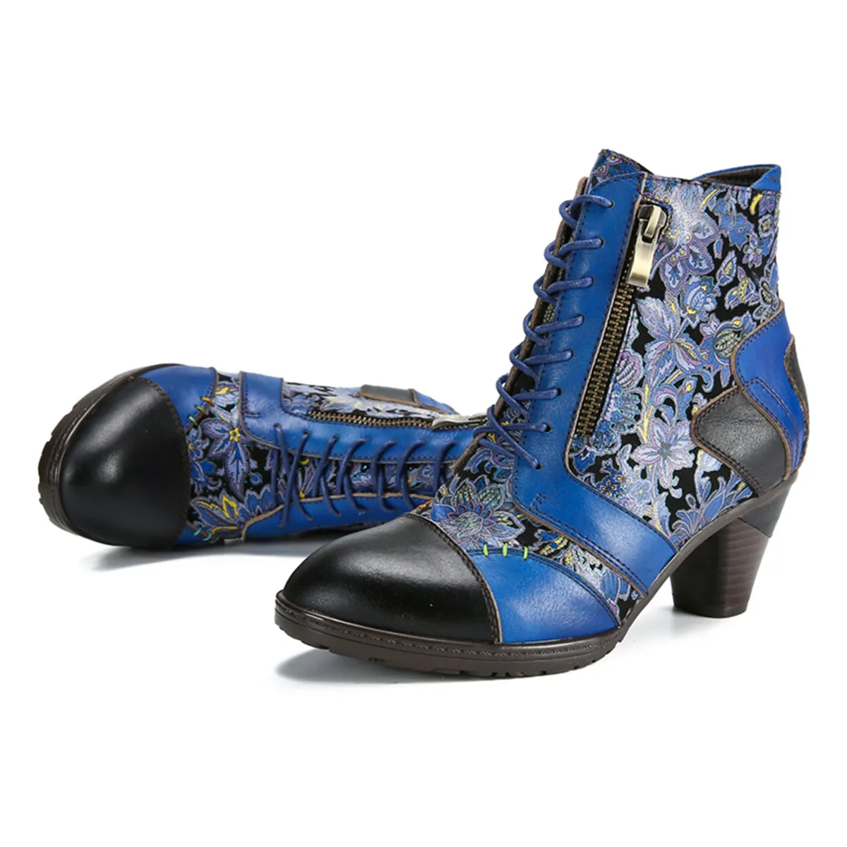 CrazycatZ Womens Leather Ankle Boots Bohemian Block Heel Colorful Floral Leather Boots Lake Blue