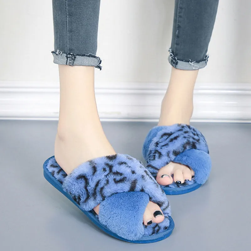 Cross-strap Fuzzy Slippers Leopard Plush House Shoes Flat Bedroom Slippers Slippers For Women