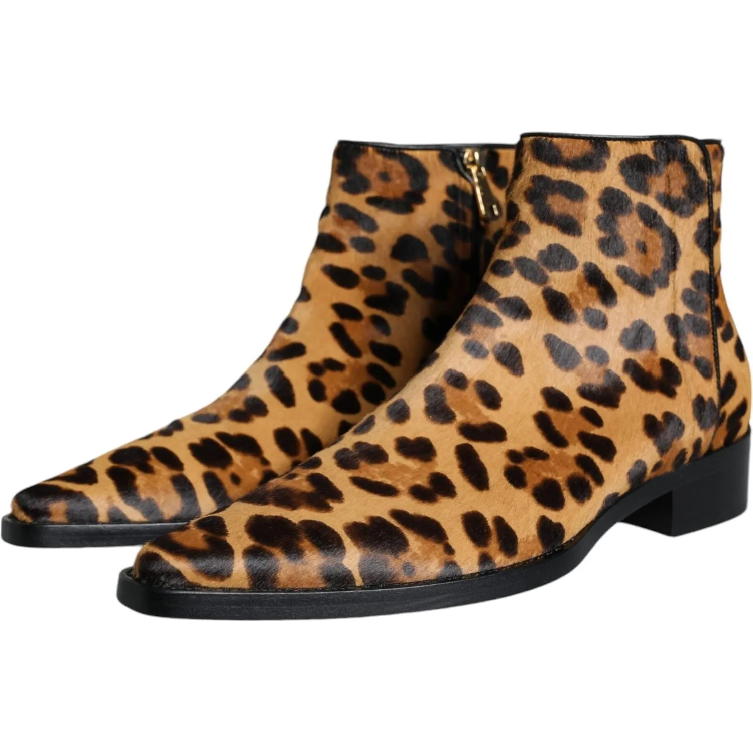 Dolce & Gabbana Brown Leopard Calf Fur Ankle Boots Shoes