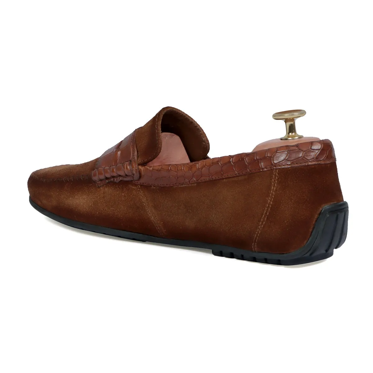 Driving Sole Tan Suede Loafers with Croco Textured Leather Trim Topline