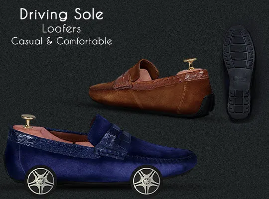 Driving Sole Tan Suede Loafers with Croco Textured Leather Trim Topline