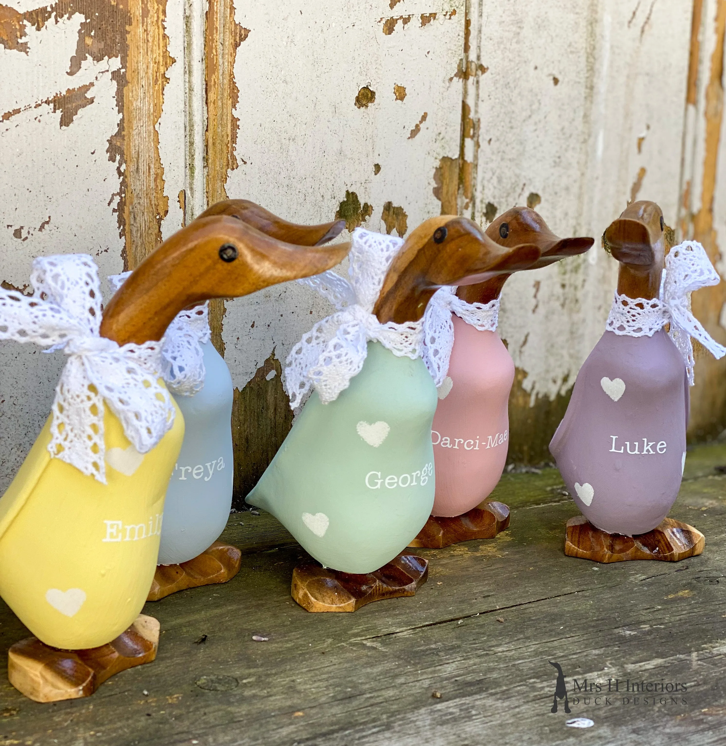 Ducklets - painted and personalised - Decorated Wooden Duck in Boots by Mrs H the Duck Lady