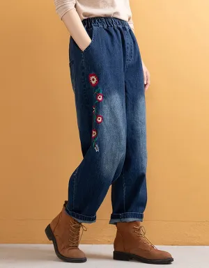 Embroidered Loose Retro Women's Denim Pants