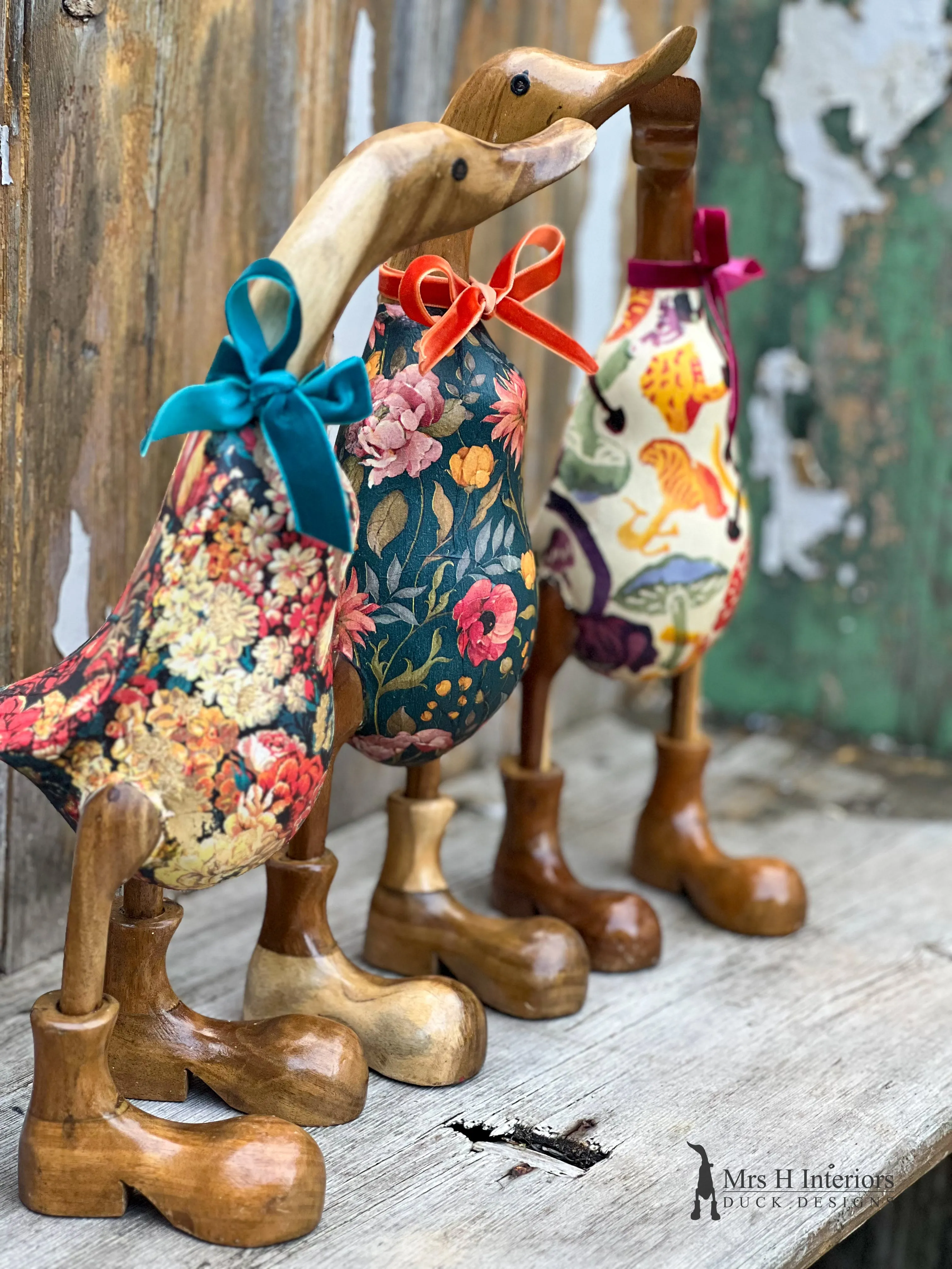 Emmy, the emerald, floral, autumnal Decorated Wooden Duck in Boots by Mrs H the Duck Lady