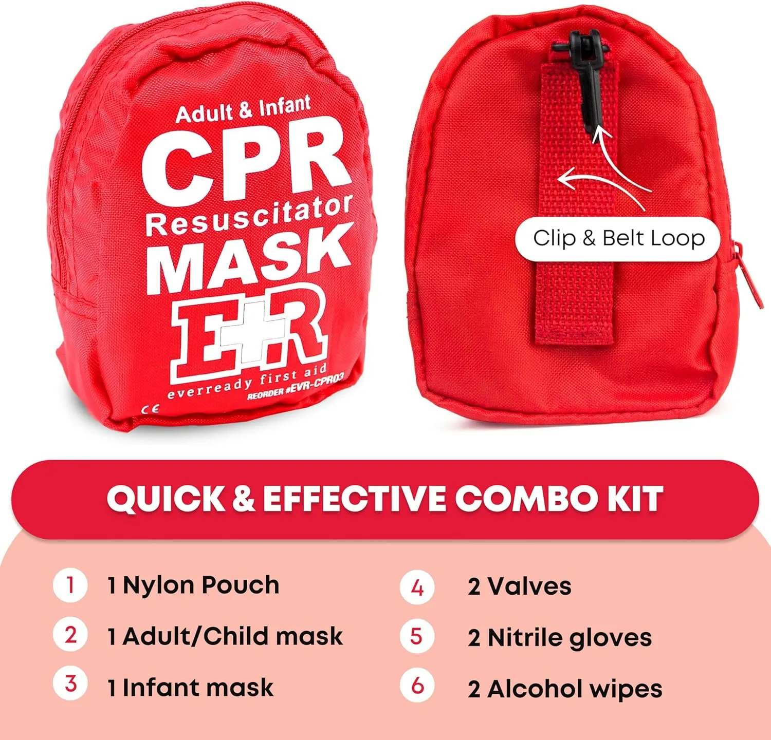 Ever Ready First Aid Adult and Infant CPR Mask Combo Kit with 2 Valves with Pair of Nitrile Gloves & 2 Alcohol Prep Pads - Red - 2 Pack