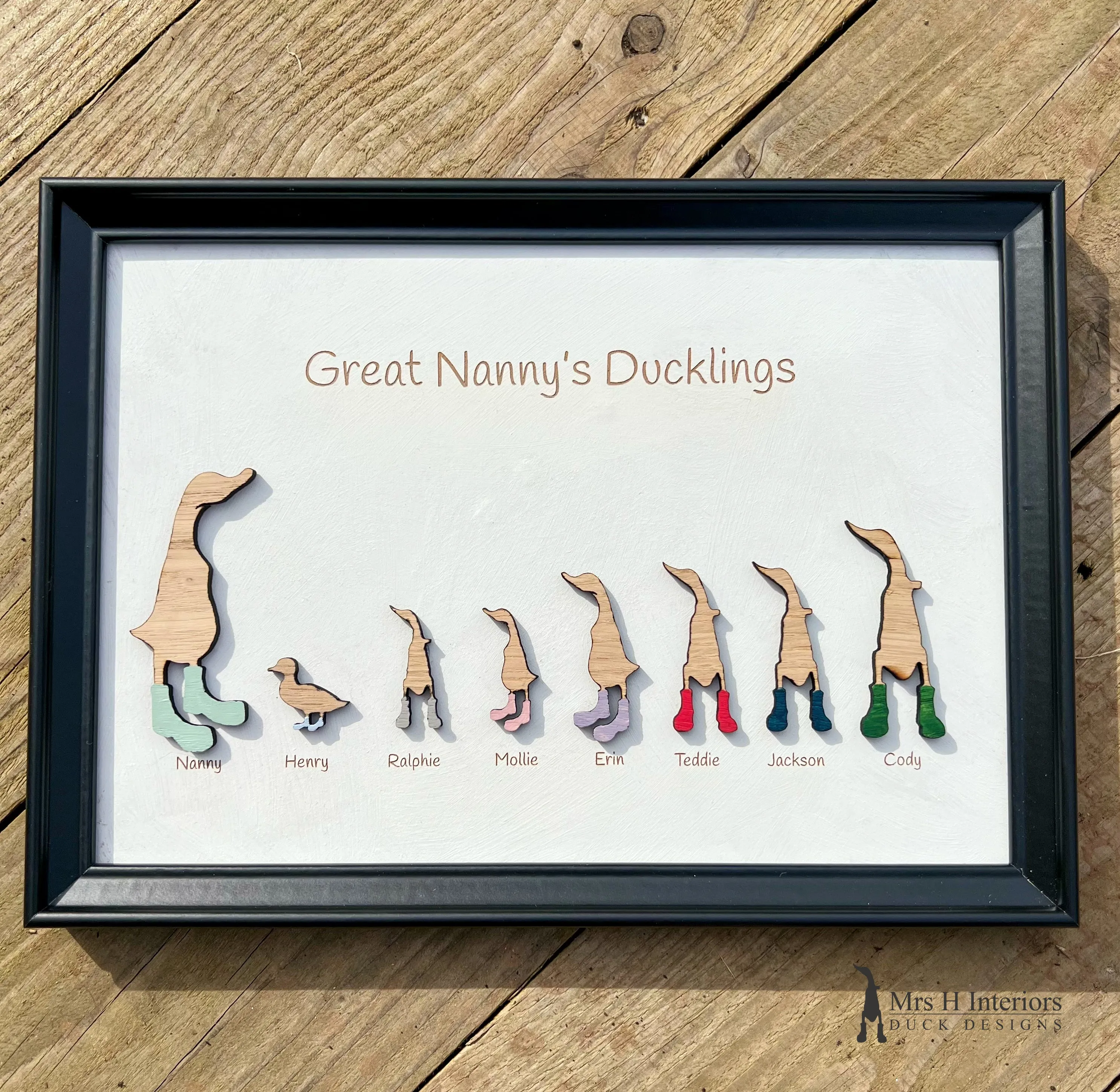 Family portrait (A4 size) - Personalised Decorated Wooden Ducks in Boots by Mrs H the Duck Lady