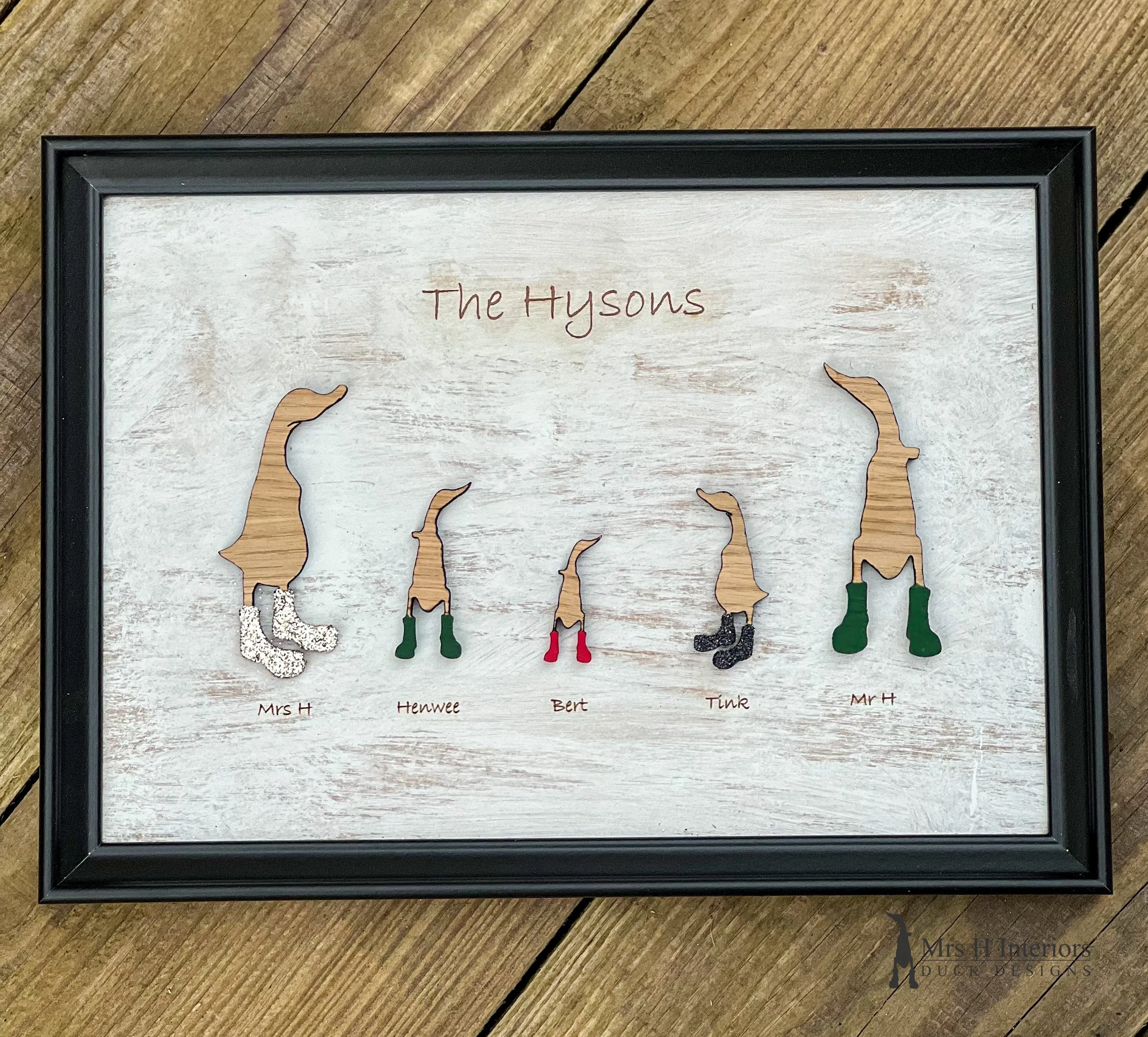 Family portrait (A4 size) - Personalised Decorated Wooden Ducks in Boots by Mrs H the Duck Lady