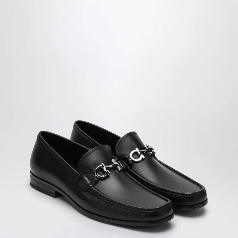 Ferragamo Elegant Black Leather Moccasin Loafers with Reversible Horsebit