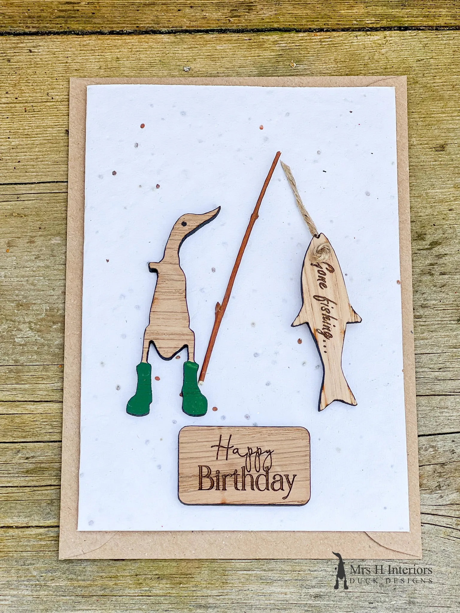 Fishing - Birthday or Father’s Day Greetings Card - Decorated Wooden Duck in Boots by Mrs H the Duck Lady