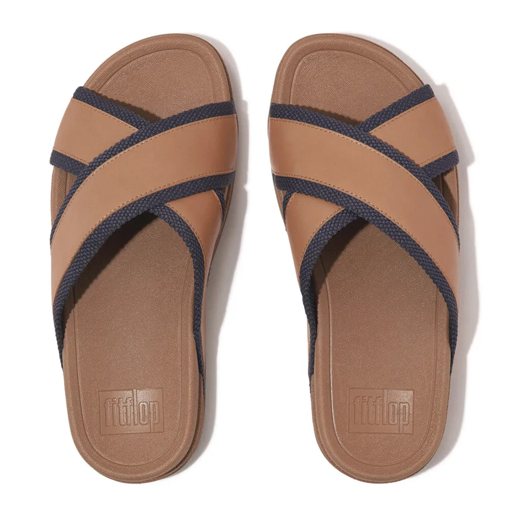 Fitflop Surfers Men's Webbing Leather Cross Slides Desert Tan