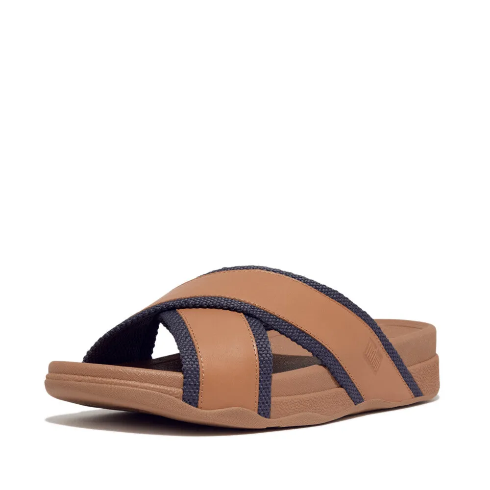 Fitflop Surfers Men's Webbing Leather Cross Slides Desert Tan