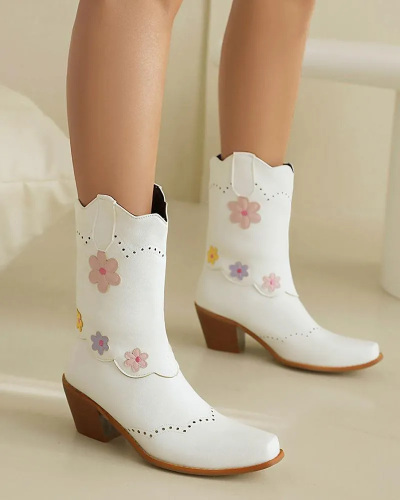 Floral Color-Blocking Ankle Boots