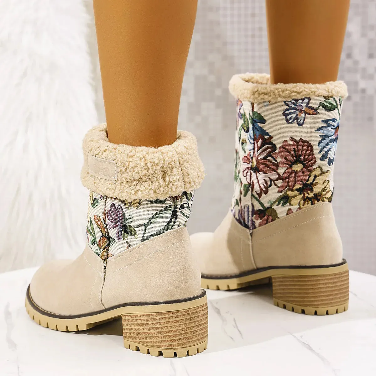 Flowers Embroidered Snow Boots Ethnic Style Platform Thick Square Heel Mid-tube Boot Winter Warm Cotton Shoes For Women