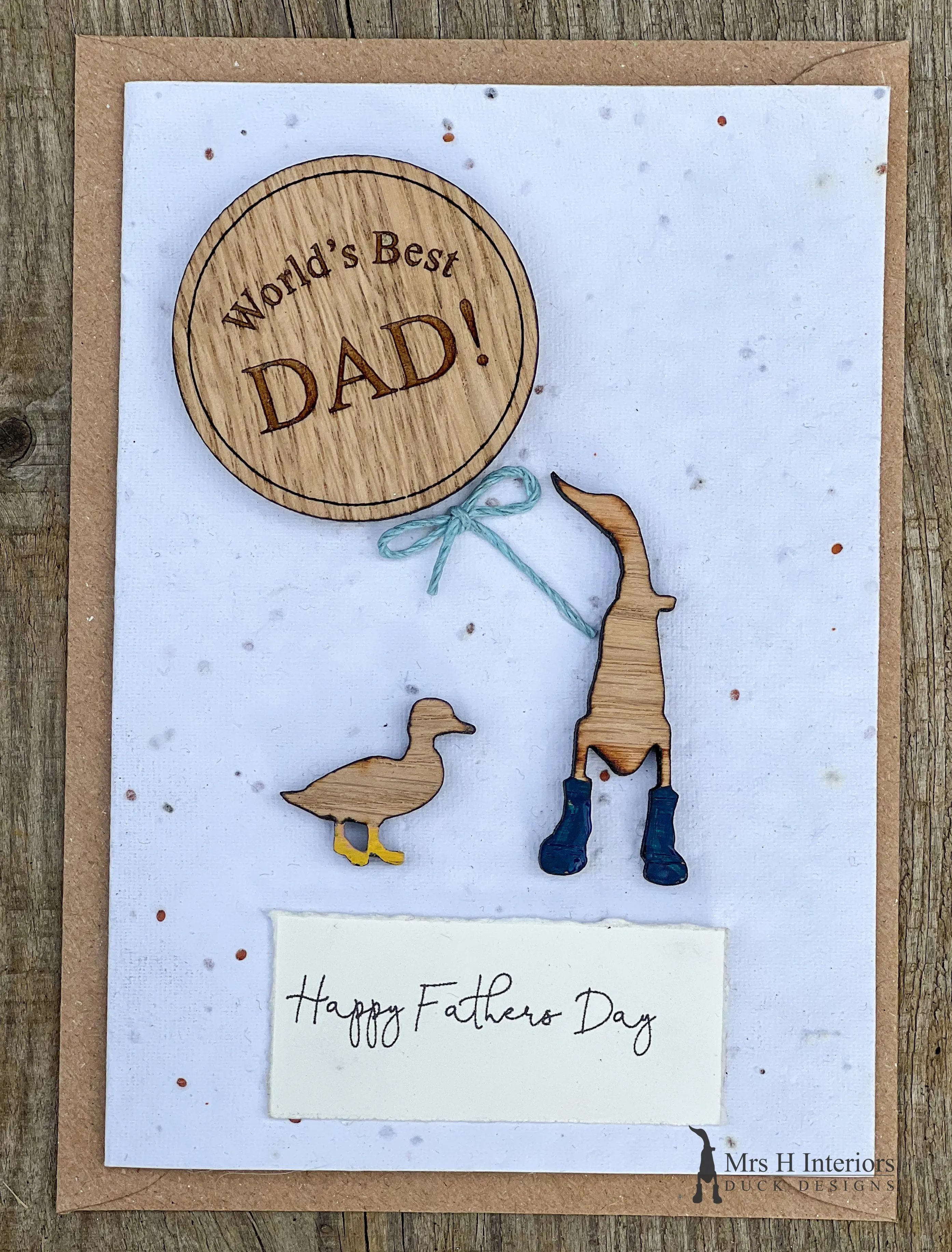 For Him - Birthday or Father’s Day Card with badge or magnet - Decorated Wooden Duck in Boots by Mrs H the Duck Lady