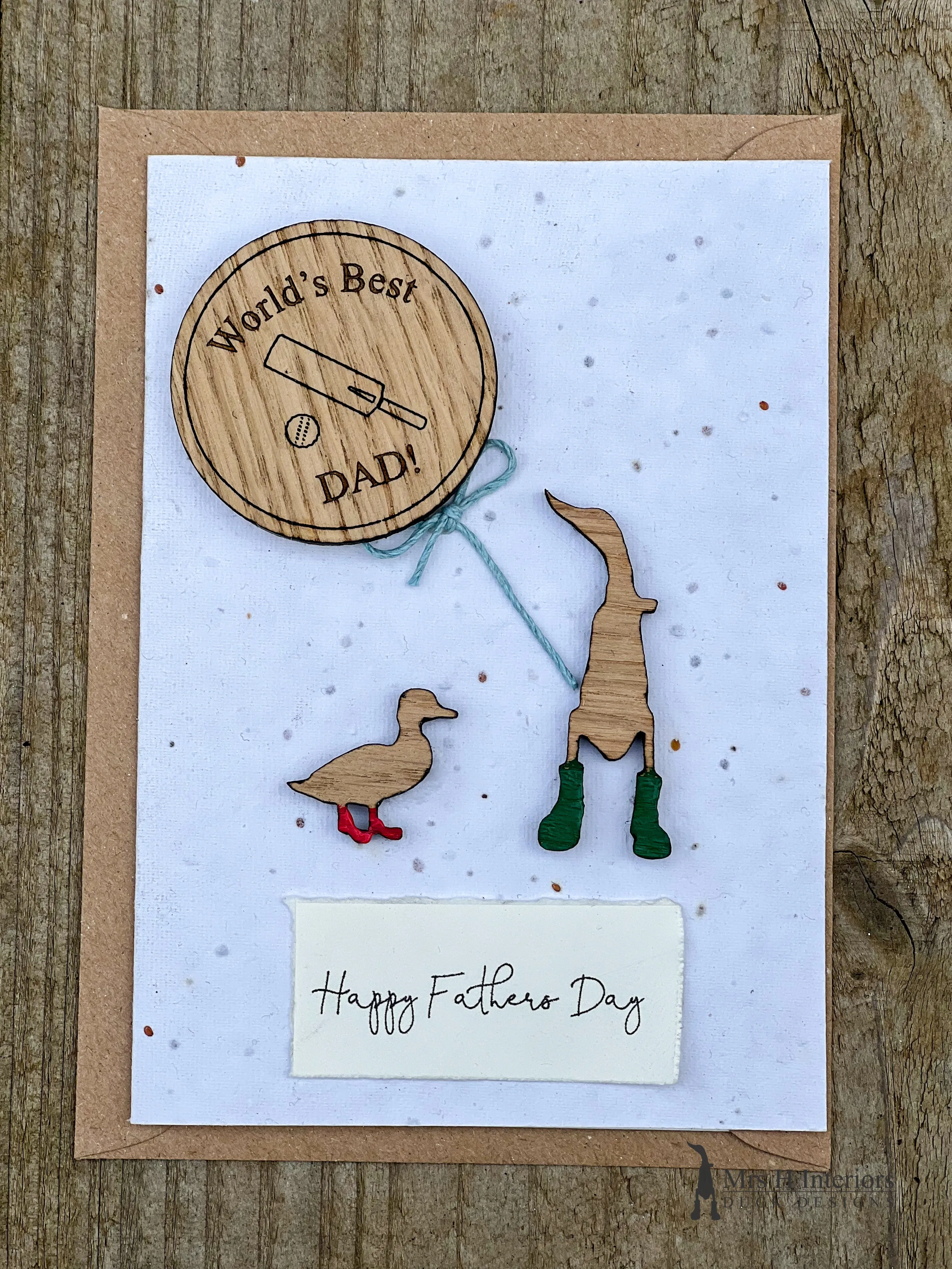 For Him - Birthday or Father’s Day Card with badge or magnet - Decorated Wooden Duck in Boots by Mrs H the Duck Lady