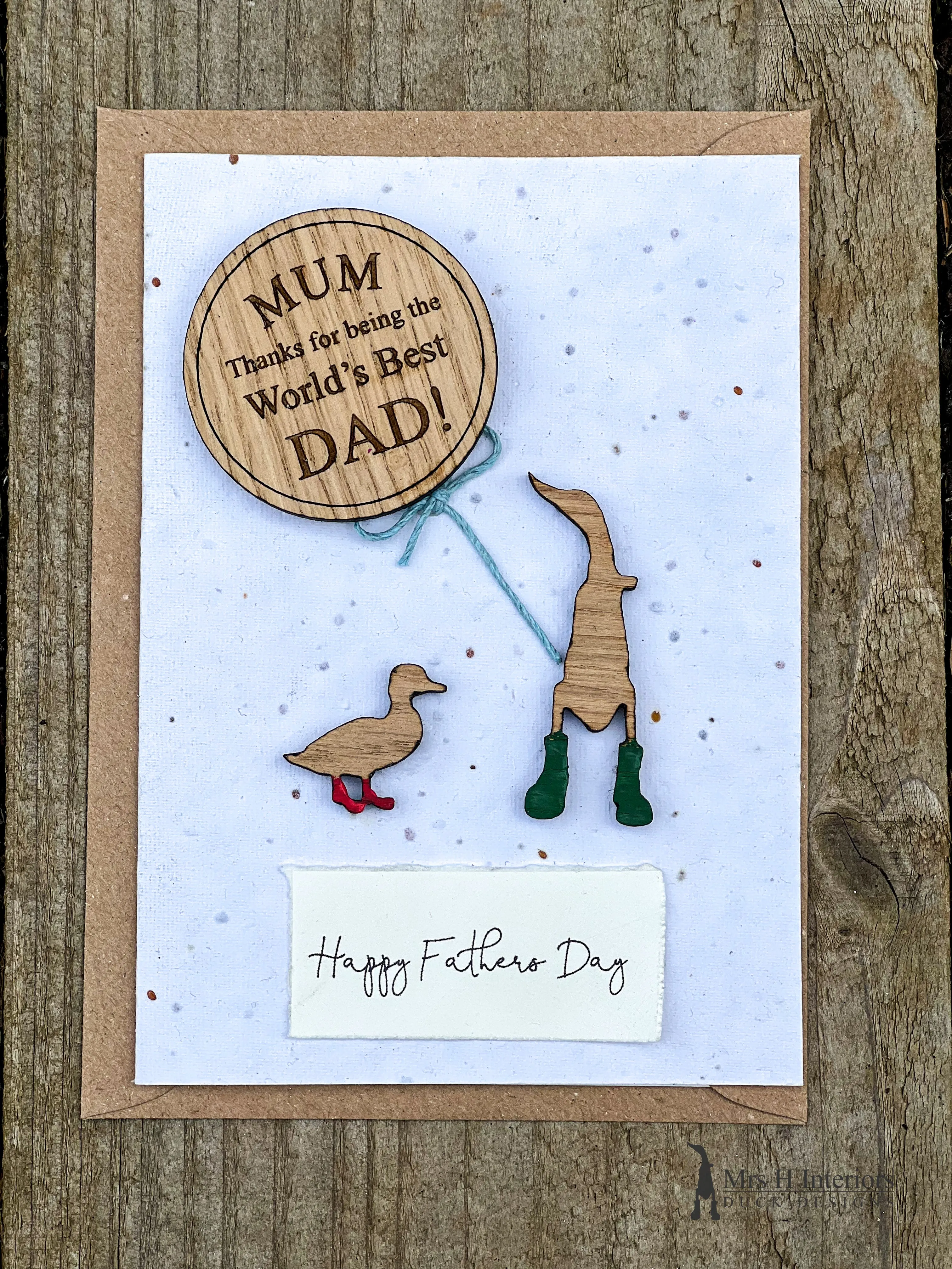 For Him - Birthday or Father’s Day Card with badge or magnet - Decorated Wooden Duck in Boots by Mrs H the Duck Lady