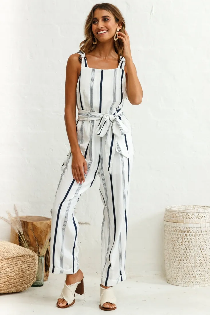 Fresno Straight Leg Pinafore Jumpsuit Stripe Print Navy