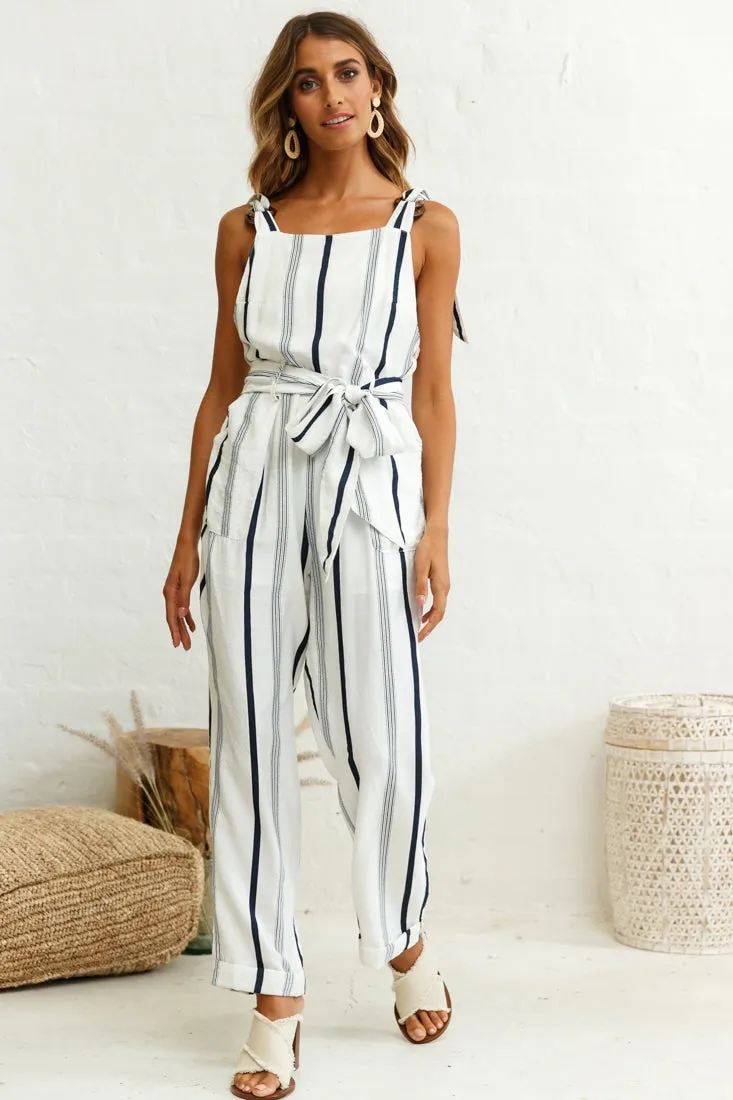 Fresno Straight Leg Pinafore Jumpsuit Stripe Print Navy