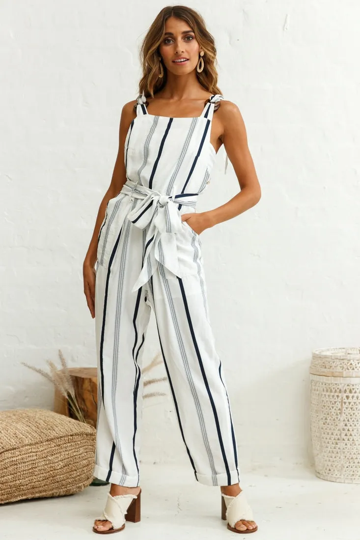 Fresno Straight Leg Pinafore Jumpsuit Stripe Print Navy