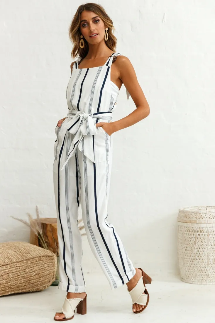 Fresno Straight Leg Pinafore Jumpsuit Stripe Print Navy