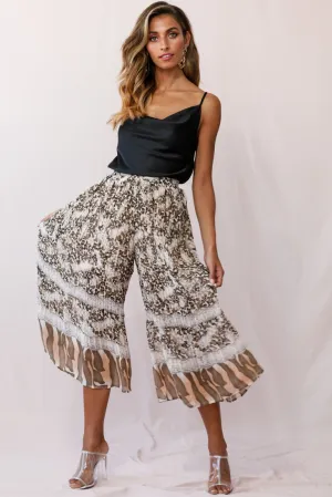 Gemini Accordion Pleat Wide Leg Pants Brown Leopard