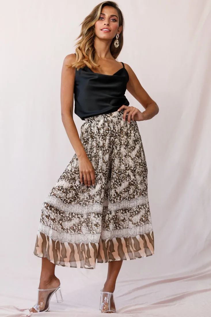 Gemini Accordion Pleat Wide Leg Pants Brown Leopard