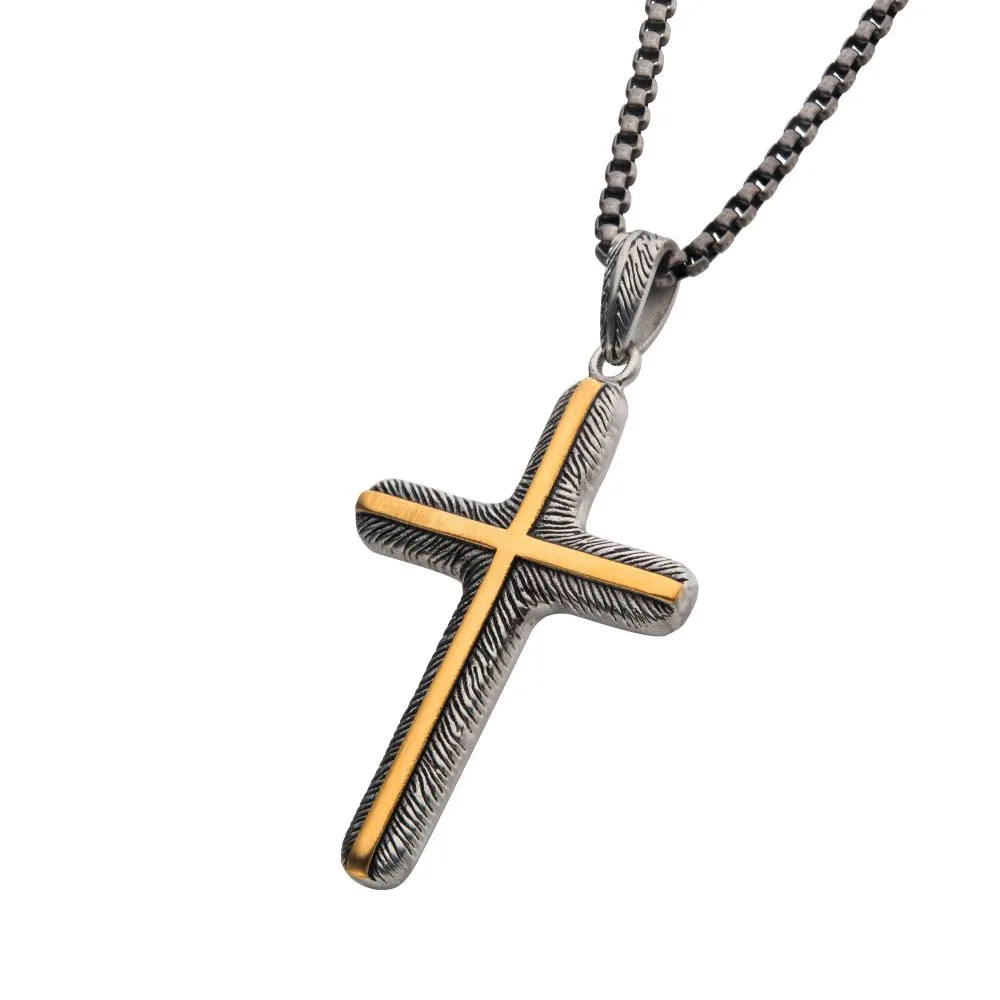 Gold IP Inlay & Gun Metal IP Cross Pendant with Round Box Chain