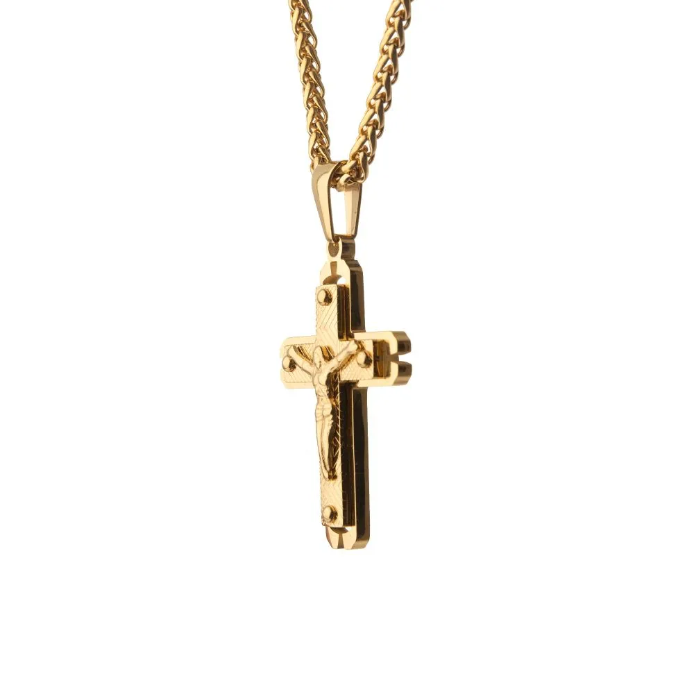 Gold IP Jesus Crucifix Cross Pendant with Gold Wheat Chain