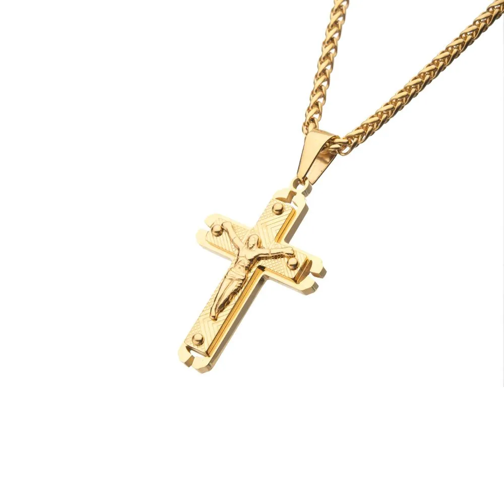 Gold IP Jesus Crucifix Cross Pendant with Gold Wheat Chain