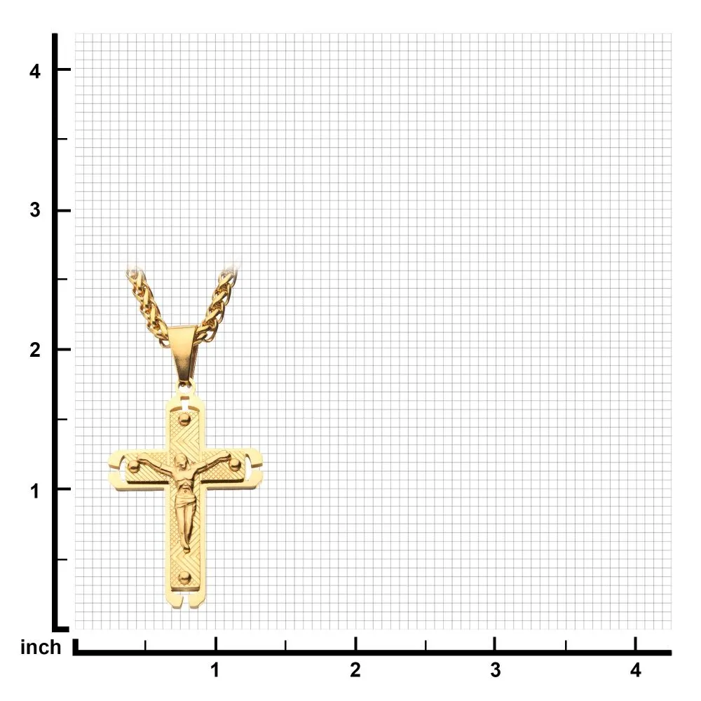 Gold IP Jesus Crucifix Cross Pendant with Gold Wheat Chain