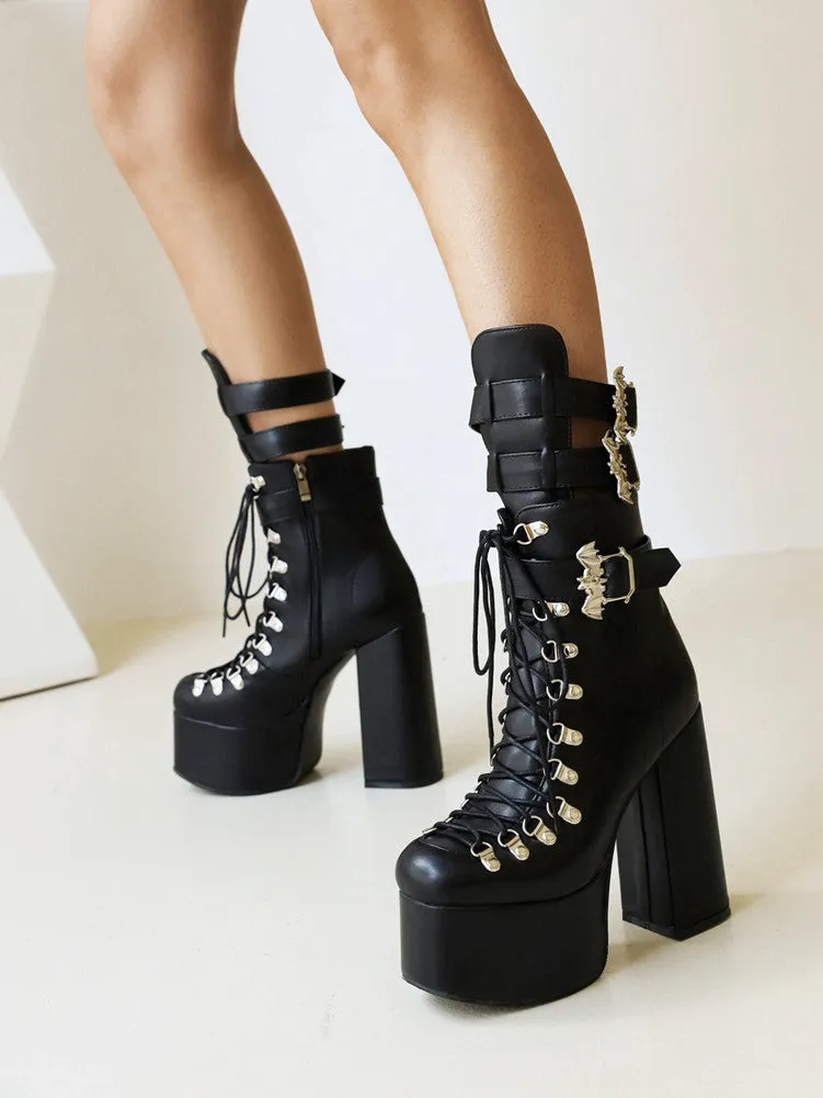 Gothic Buckle Strap Chunky Heel Short Boots