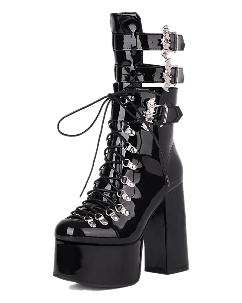 Gothic Buckle Strap Chunky Heel Short Boots