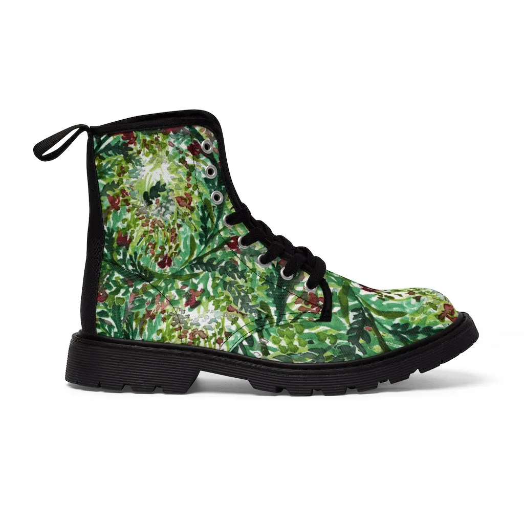 Green Floral Print Women's Boots, Best Flower Printed Winter Cute Hiking Boots For Ladies