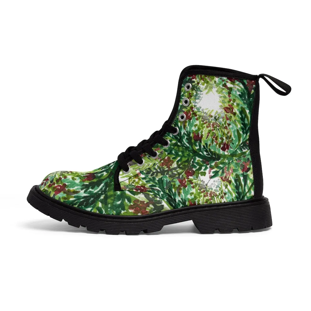 Green Floral Print Women's Boots, Best Flower Printed Winter Cute Hiking Boots For Ladies