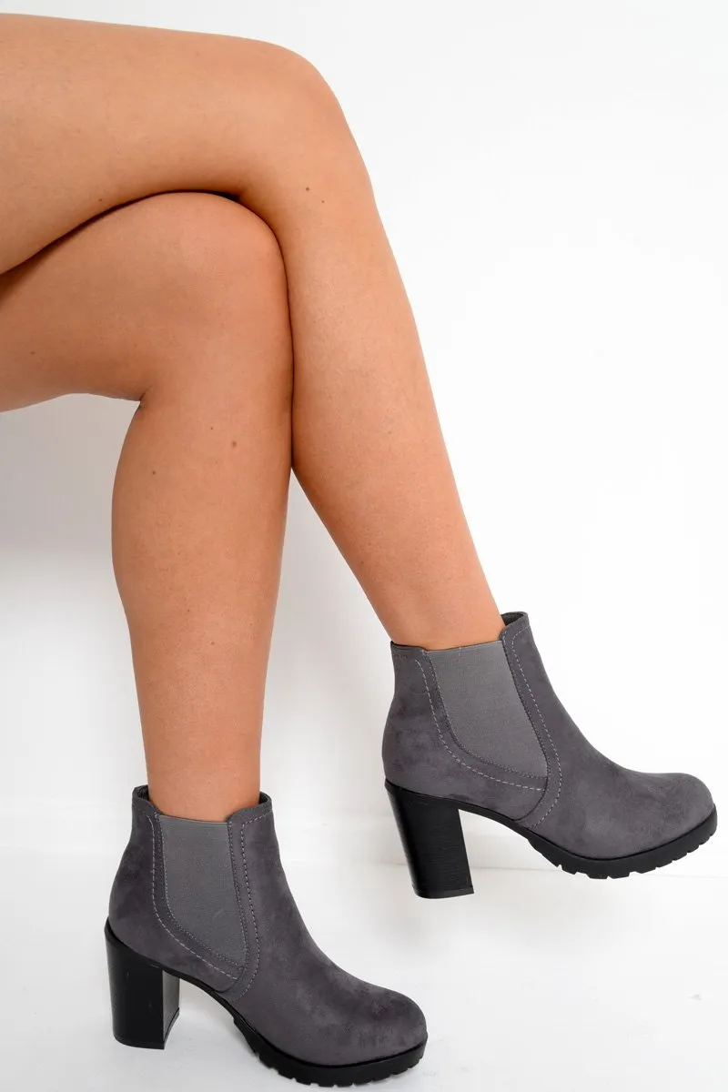 Grey Faux Suede Heeled Ankle Boots - Kiara