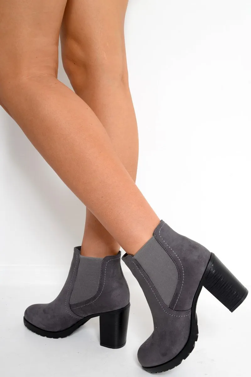 Grey Faux Suede Heeled Ankle Boots - Kiara