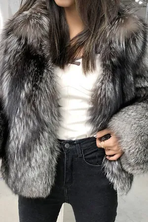 Grey Lapel Neck Shearling Cropped Faux Fur Coat