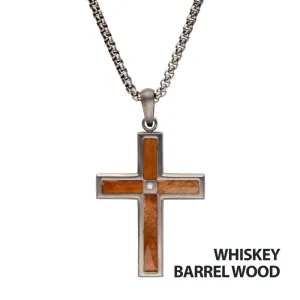 Gun Metal Steel Wood Inlay CZ Cross Pendant