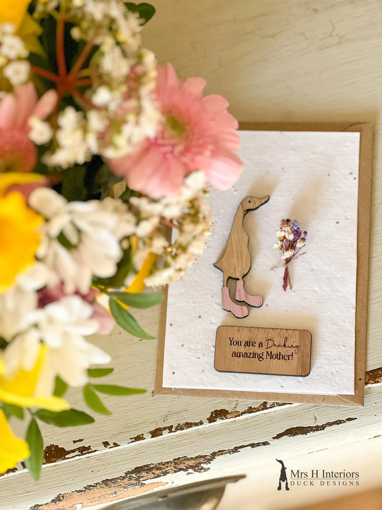 Have a Quacking Mother's Day - Duck with Flowers - Mother's Day Card - Decorated Wooden Duck in Boots by Mrs H the Duck Lady