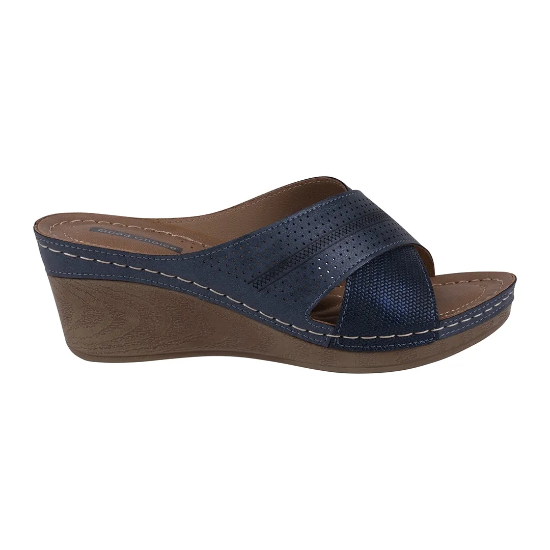 Hayden Perforated Navy Contrast Cross Strap Wedge Sandals