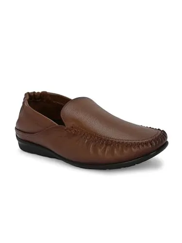 HITZ Men's Tan Leather Slip-On Comfort Loafer Shoes - 10