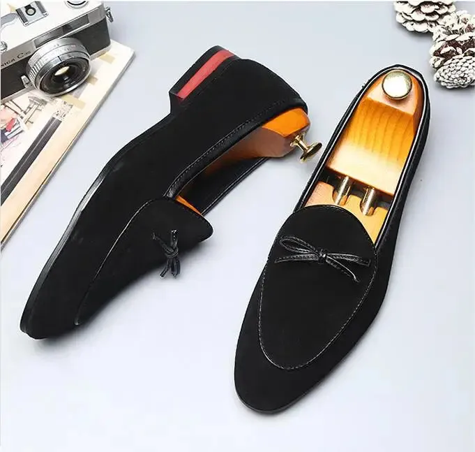 Hnzxzm Men's Casual Shoes with Bowknot Genuine Suede Leather Trendy Party Wedding Loafers Flats Mens Driving Moccasins EUR Sizes 38-48