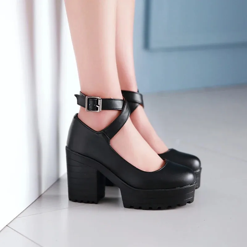 Hnzxzm New Thick-Soled Thick-Heeled Breathable High-Heeled Shoes Cross Straps Belt Buckle Ultra-High Waterproof Platform Pumps